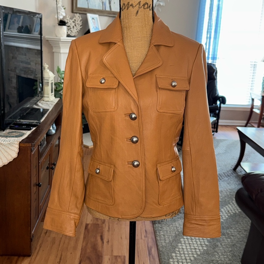 VTG Brandon Thomas 4 pckt Caramel crinkled leather blazer jacket womens sz M